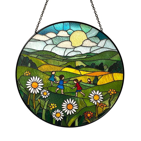 Children in Daisy Meadow Glass Suncatcher Round Window Hanging, Sweet Pastoral Scene Decor Gift for Mom