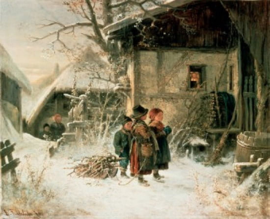 Children in the Snow Bernhard Frohlich (b 1823 German) Canvas Art - Bernhard Frohlich (18 x 24)