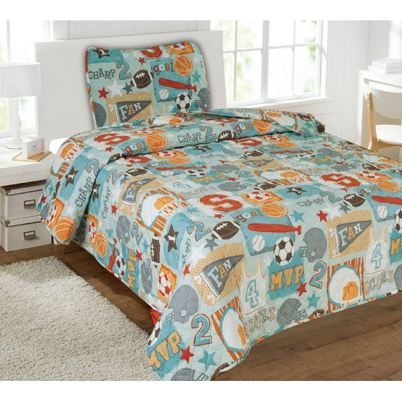 Children's 2 Piece Quilted Bed Spread Cover - Sports Champ
