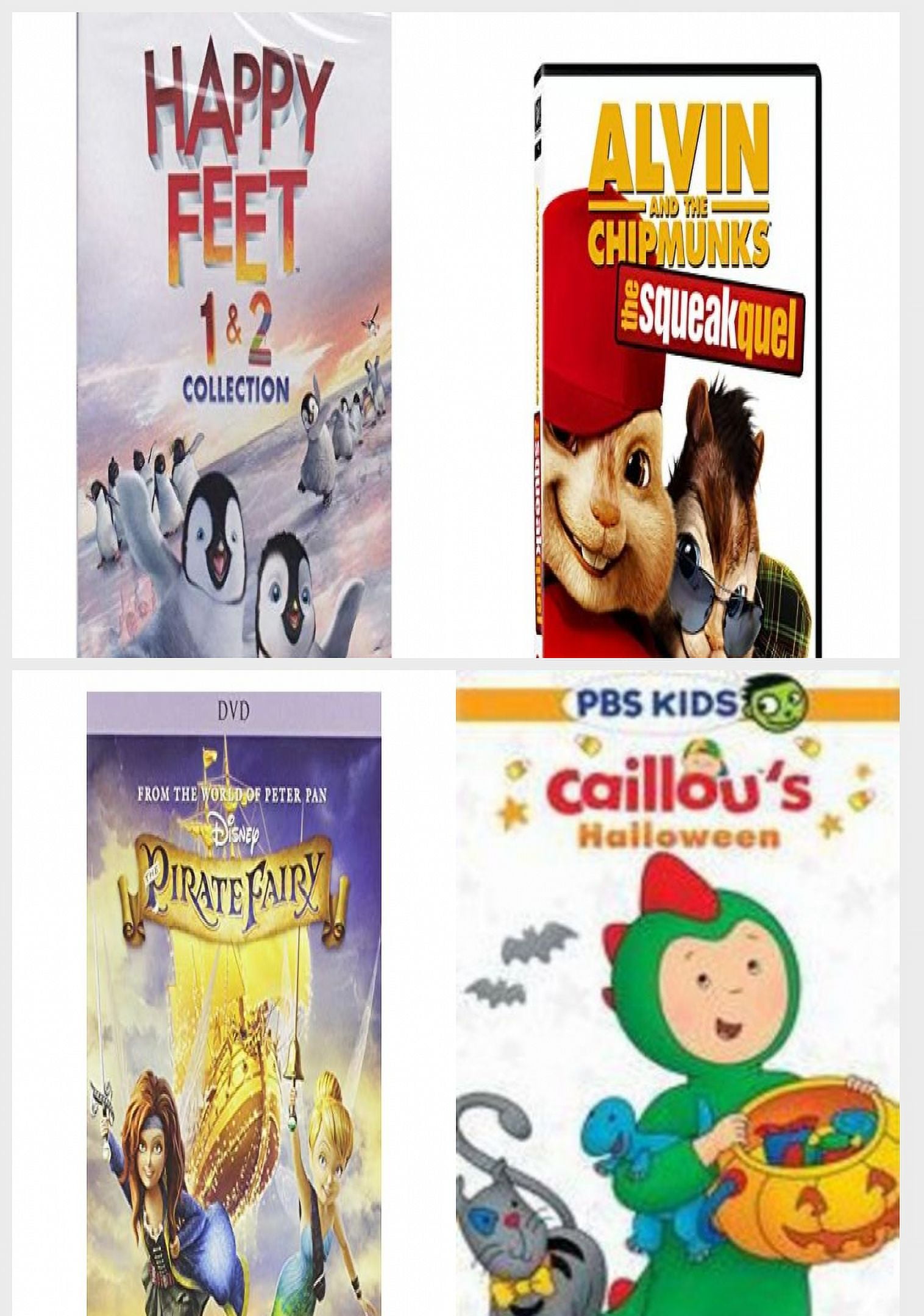 Children's 4 Pack DVD Bundle: Happy Feet 1 & 2, Alvin and the Chipmunks:  The Squeakquel Single-Disc Edition, The Pirate Fairy, Caillou: Caillou's