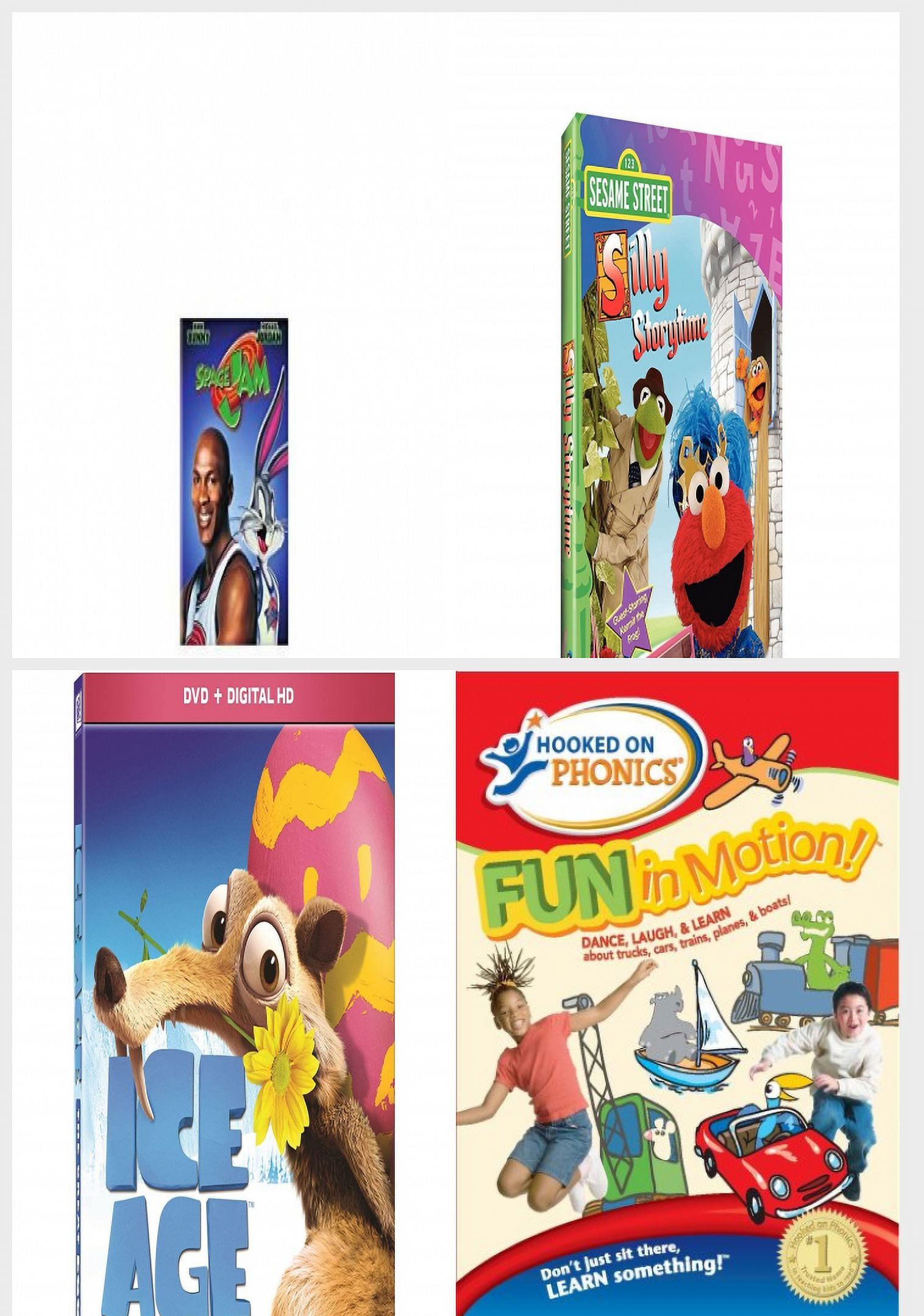 Children's 4 Pack DVD Bundle: Space Jam, Sesame Street: Silly Storytime,  Ice Age: The Great Egg-Scapade, Hooked on Phonics: Fun in Motion