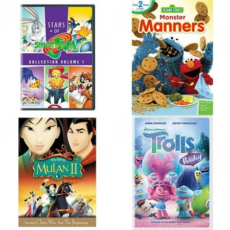 Children's 4 Pack DVD Bundle: Stars of Space Jam Collection Vol. 1, Sesame Street: Monster Manners, Mulan II, Trolls Holiday
