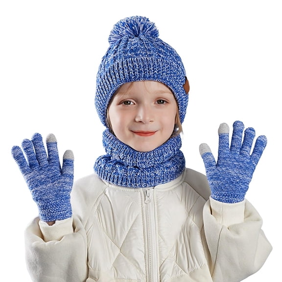 Children's Adorable Cartoon Three-Piece Set All-in-One Hat, Scarf, and Gloves Warm Ear-Covering Beanie Outdoor Knit Hat (Ages 3-10) Fleece-Lined, Thickened Soft and Skin-Friendly,One Size ,Blue