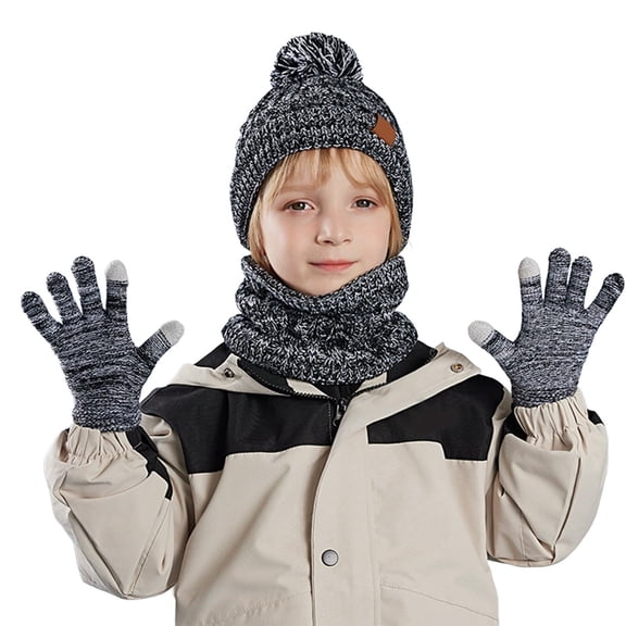 Children's Adorable Cartoon Three-Piece Set All-in-One Hat, Scarf, and Gloves Warm Ear-Covering Beanie Outdoor Knit Hat (Ages 3-10) Fleece-Lined, Thickened Soft and Skin-Friendly,One Size ,Black