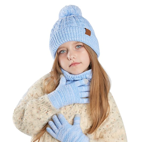 Children's Adorable Cartoon Three-Piece Set All-in-One Hat, Scarf, and Gloves Warm Ear-Covering Beanie Outdoor Knit Hat (Ages 3-10) Fleece-Lined, Thickened Soft and Skin-Friendly,One Size ,Sky Blue