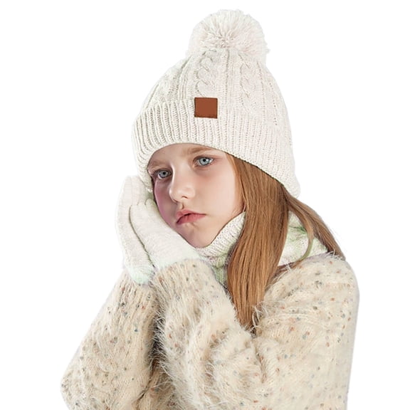Children's Adorable Cartoon Three-Piece Set All-in-One Hat, Scarf, and Gloves Warm Ear-Covering Beanie Outdoor Knit Hat (Ages 3-10) Fleece-Lined, Thickened Soft and Skin-Friendly,One Size ,Beige