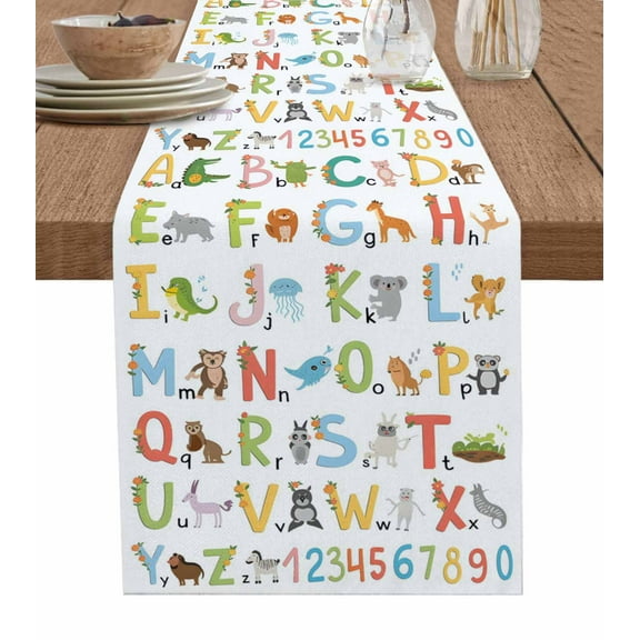 Children's Alphabet Table Runner 48 Inches, Colorful Cute Animals Numbers Bed Runner Dresser Scarves Tabletop for Indoor Outdoor Parties/Ceremony/Banquet, 13" x 48"