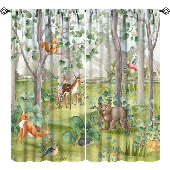 Children''s Animal Blackout Curtains, Watercolor Wild Animal Bear Fox Deer Kids Pattern Drapes Window 2 Panel Rod Pocket Curtain for Girls Boys Baby Bedroom Nursery Decor 42" W X 84" L