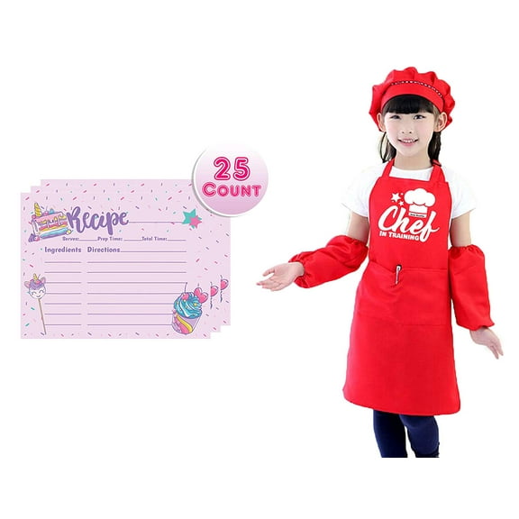 Children's Apron Set for Boys and Girls with Unicorn Rainbow Recipe Cards Set, Adjustable Kitchen Aprons with Matching Chef Hat and Sleeves for Kids, Chef in Training Costume Pretend Play (Red)