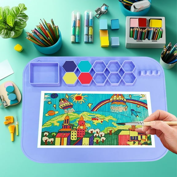 Children's Art Drawing Board, Silicone Painting Pad, Reusable Graffiti Clay Mat, Multi Functional Creative Station, Hexagonal Color Blending Palette Storage