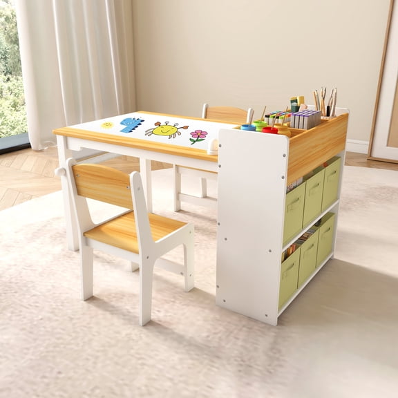 Children's Art Table and Chair Set (includes a paper roll holder and storage bin), Children's Activity and Study Table