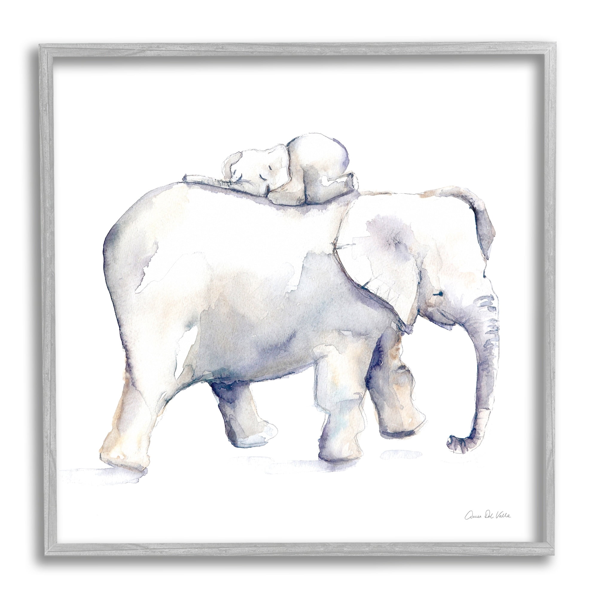 Children's Baby Elephant Sleeping on Mother Safari Animal 12 in x 12 in Framed Painting Art Print, by Stupell Home Décor
