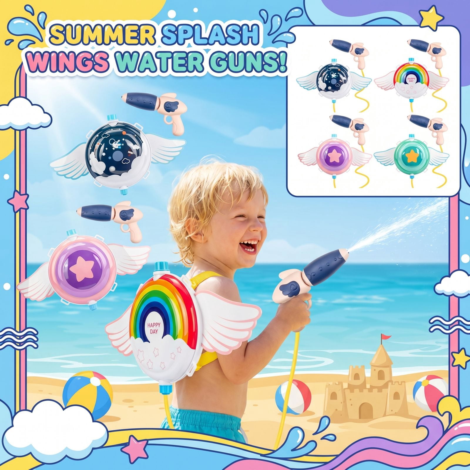 Children's Backpack Water Gun 2000ML Rainbow Wing Design Large Capacity Spray Toy for Outdoor Play Kids Summer Beach Park Fun Lightweight Durable Plastic