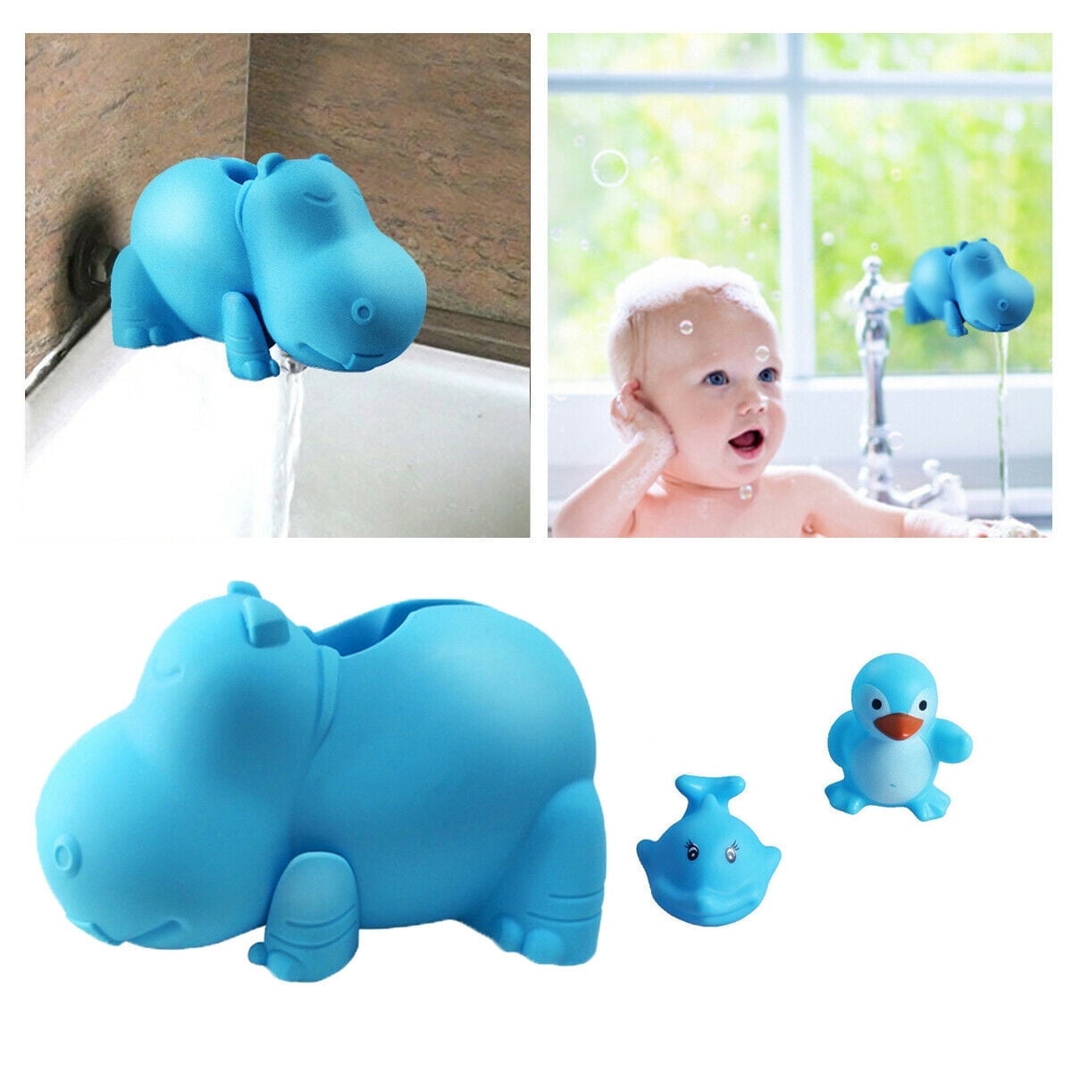 Children's Bathtub Spout Cover Safety Silicone Faucet Guard Protector for Baby Kid Toddler - Blue Hippo