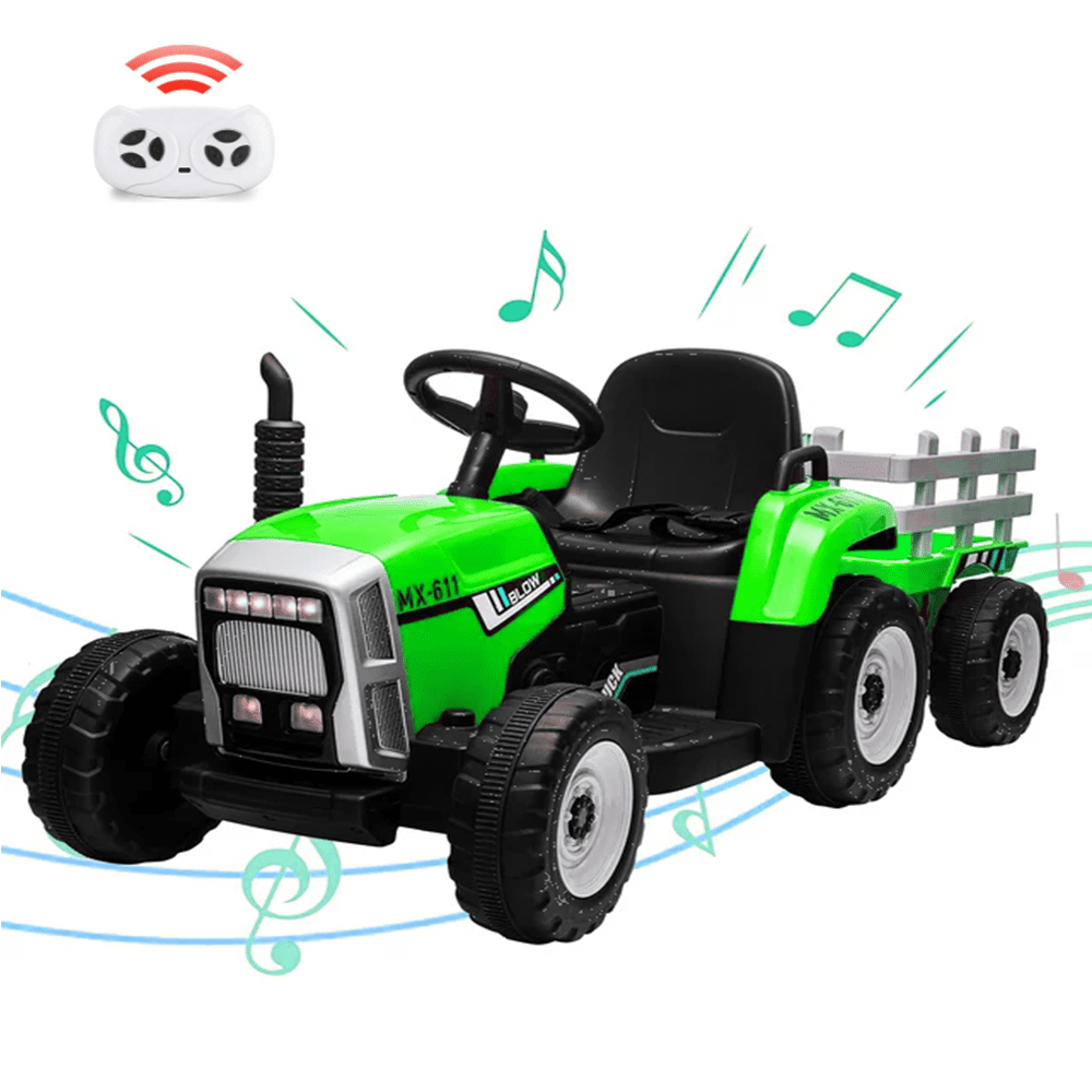 Green 12V Electric Ride-On Tractor with Trailer and Remote Control