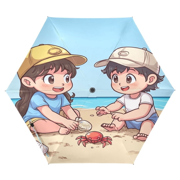 Children's Beach Folding Umbrella UV50+ Waterproof Sun Protection Auto Open Close Compact Fiberglass Frame