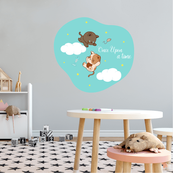 Children's Bedroom Nursery Baby Kittens Home Decor Design Wall Decal Quotes - Once Upon A Time | 25" x 25" Removable Cats Fishbone Stars Mouse Clouds Vinyl Adhesive Living Room Decoration Sticker