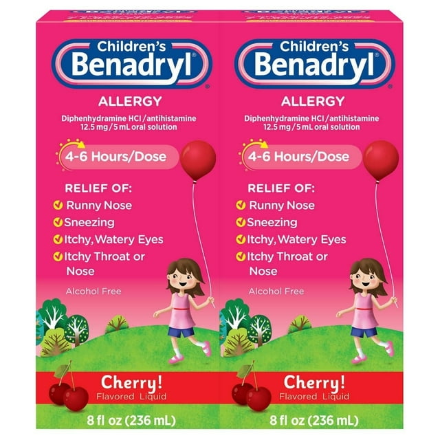 Children's Benadryl Allergy Liquid, Cherry, 8 Fluid Ounces (2 Count)