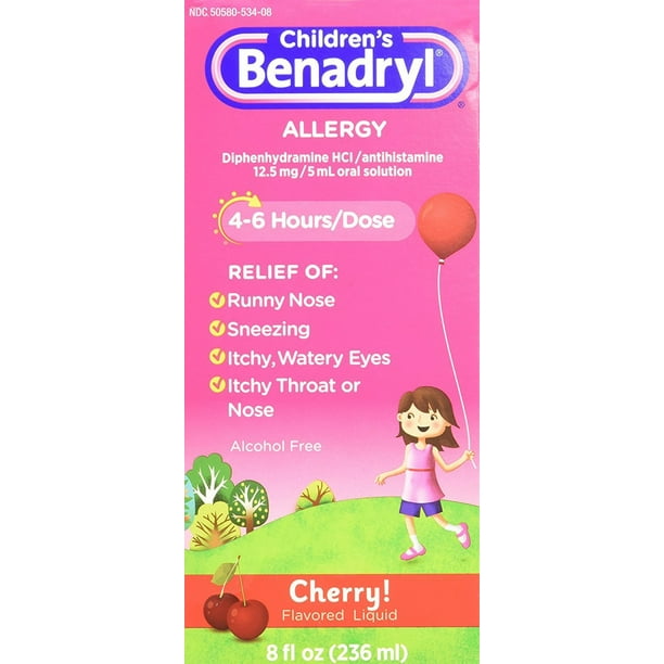 Children's Benadryl Antihistamine Allergy Cherry AlcoholFree 8 oz, 2