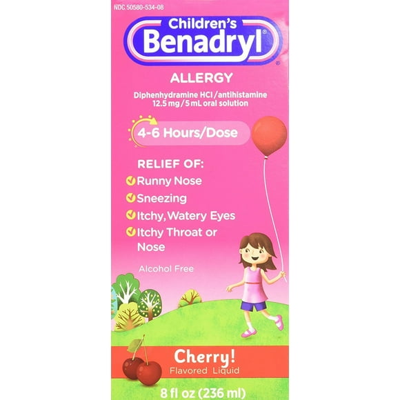 Children's Benadryl Antihistamine Allergy Cherry Alcohol-Free 8 oz, 2-Pack