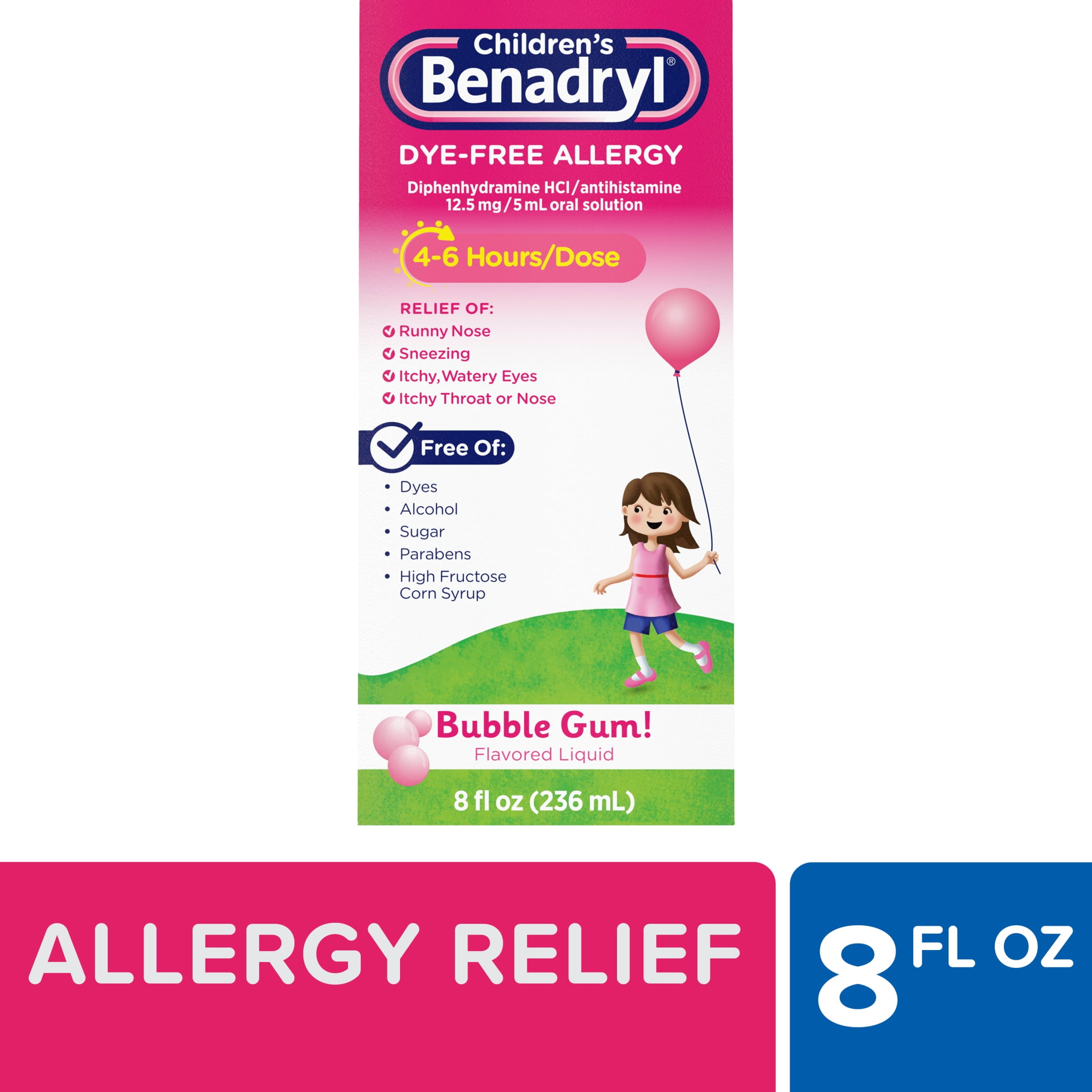 Children's Benadryl DyeFree Allergy Liquid, Bubble Gum, 8 fl. oz