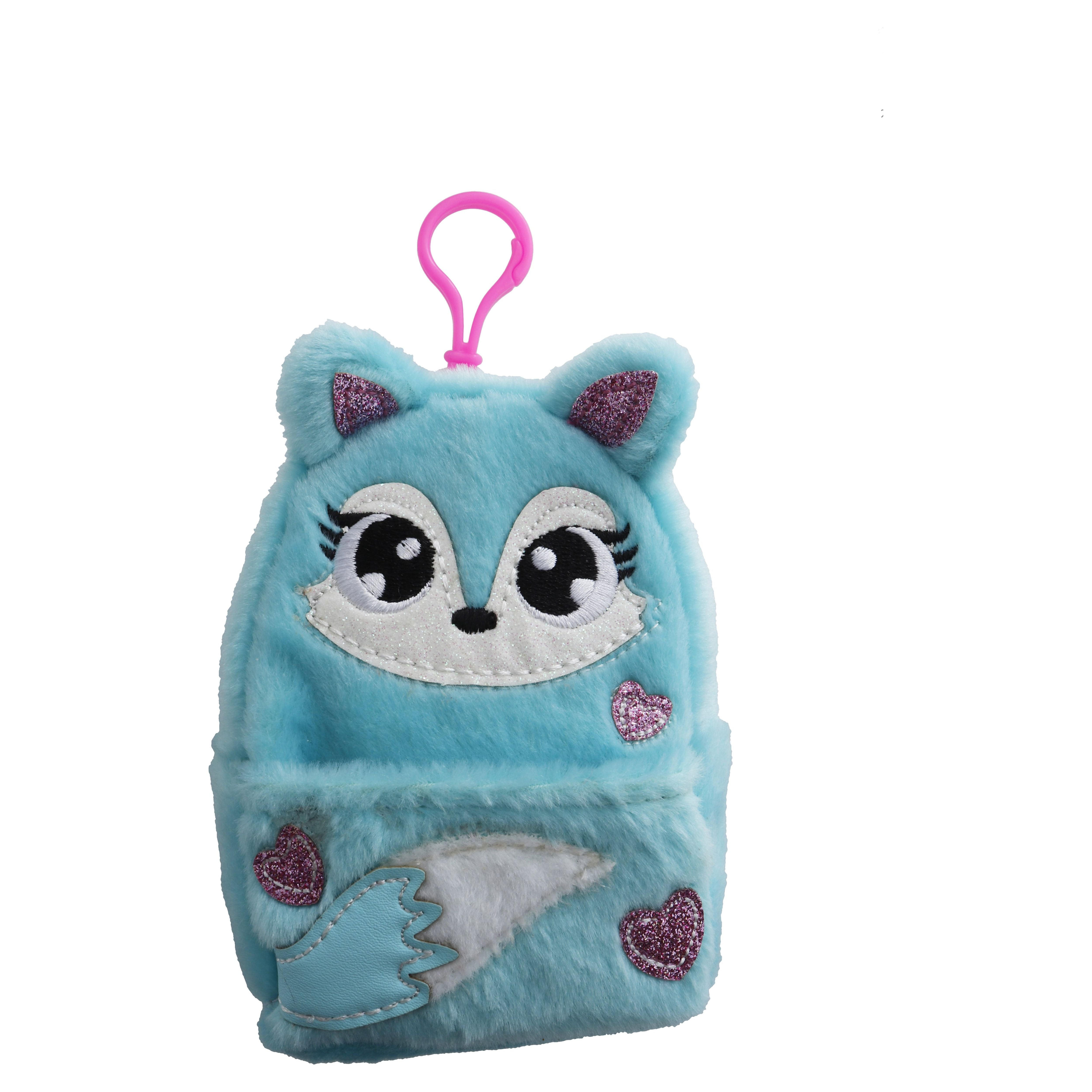 Wonder Nation Blue Fox Pouch Key Ring, Plush Fabric Zippered Bag