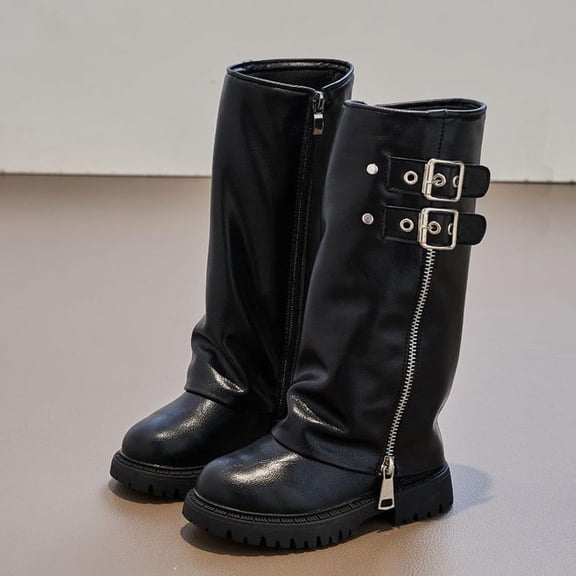 Children's Boots Over The Knee, Thick Heels, Knight Boots, Belt Buckle, Retro Pleated Pants, Tube Boots