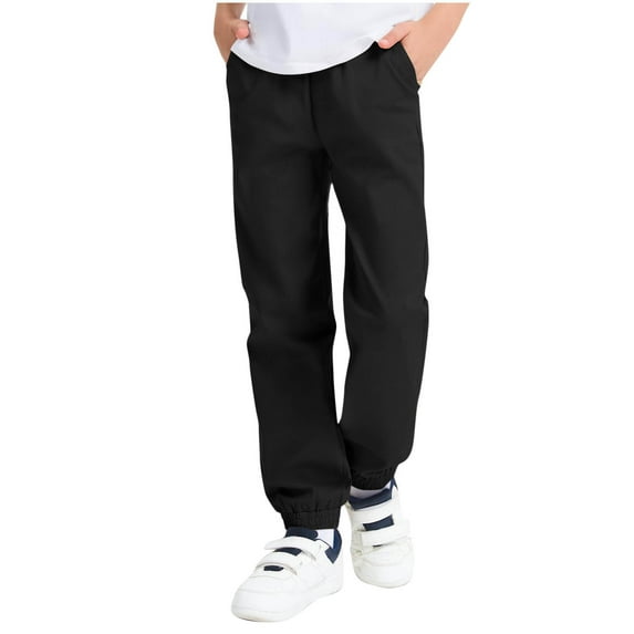 Children's Boys Cargo Pants Kids Elastic Waist Drawstring Sports Jogging Trousers Casual Solid Color Work Athletic Outdoor Pant Black 8-9 Years