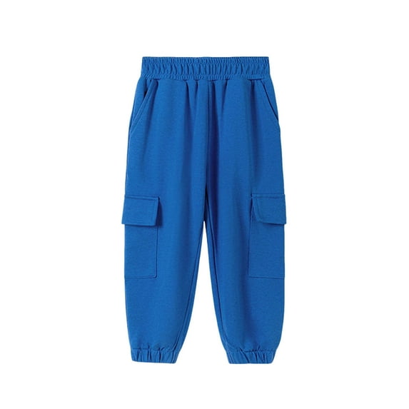 Children's Boys Cargo Sweatpants Solid Color Elastic Waist Pocket Trousers Casual Outdoor Sports Workwear Long Pant for Kids Blue 130