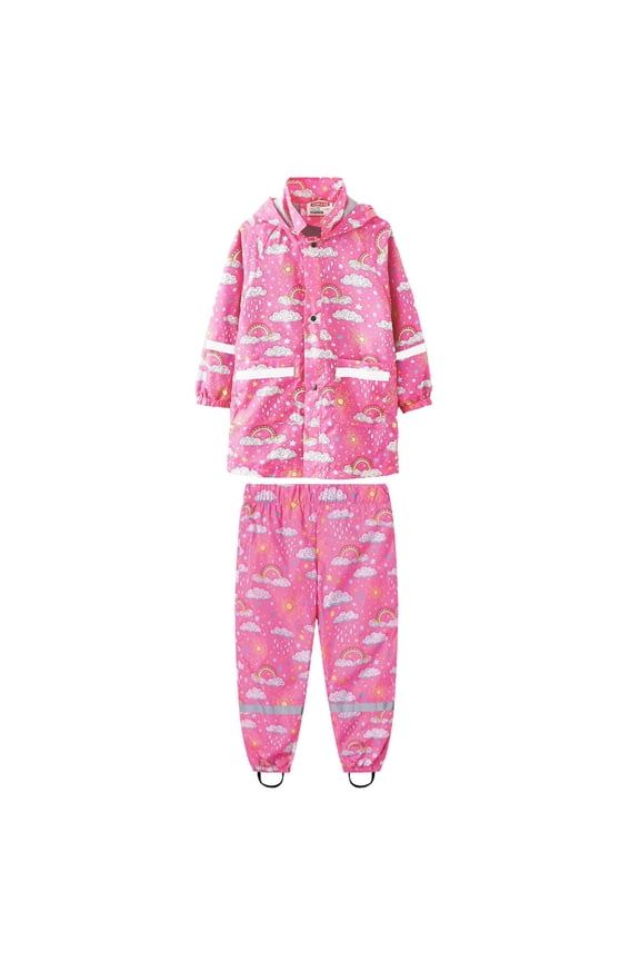 Children's Boys Girls Dinosaur Rainbow Printed Button Rain Jacket Hooded Windproof Raincoat