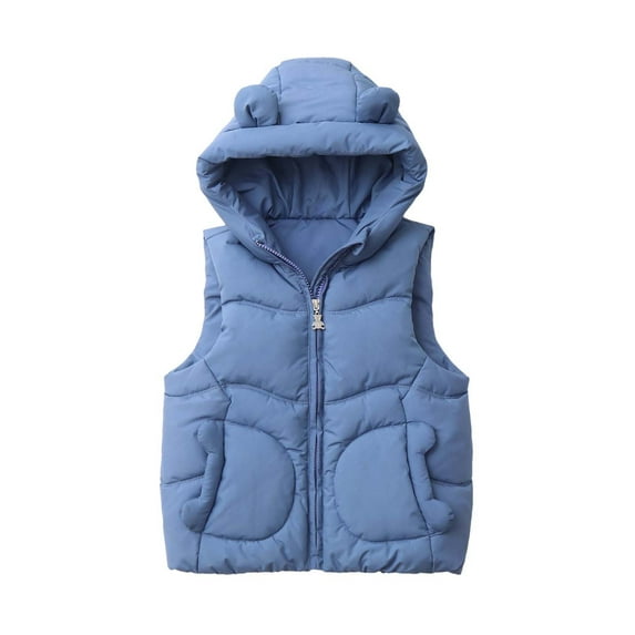 Children's Boys and Girls Outerwear Vests Solid Color Sleeveless Hooded Versatile Short Top Winter Fashion Cute Vest Blue 1 Year
