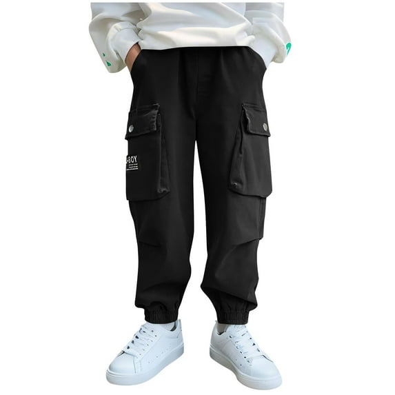 Children's Cargo Pants Solid Color Multiple Pockets Full Length Sports Pant Casual Outdoor Exercise Trousers Black 11 Years
