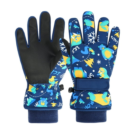 Children's Cartoon Print Winter Gloves, Waterproof Ski Gloves for Kids, Thermal Insulated Cold Weather Gloves, Windproof Snow Play Gloves for Boys and Girls Navy