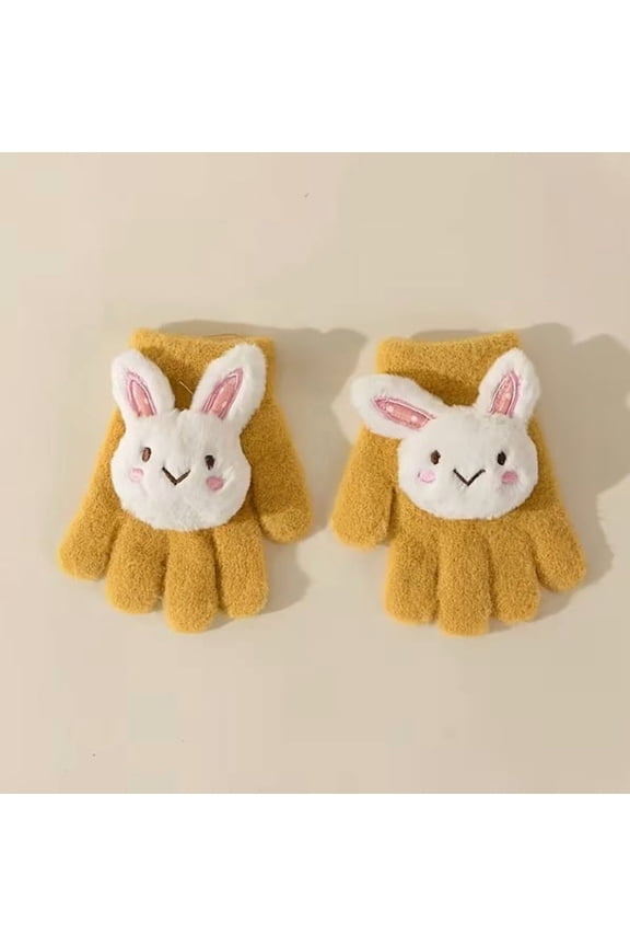Children's Cartoon Rabbit Gloves - One Size Fits All, Thickened Mink Velvet, Warm Five-Finger Gloves for Autumn and Winter
