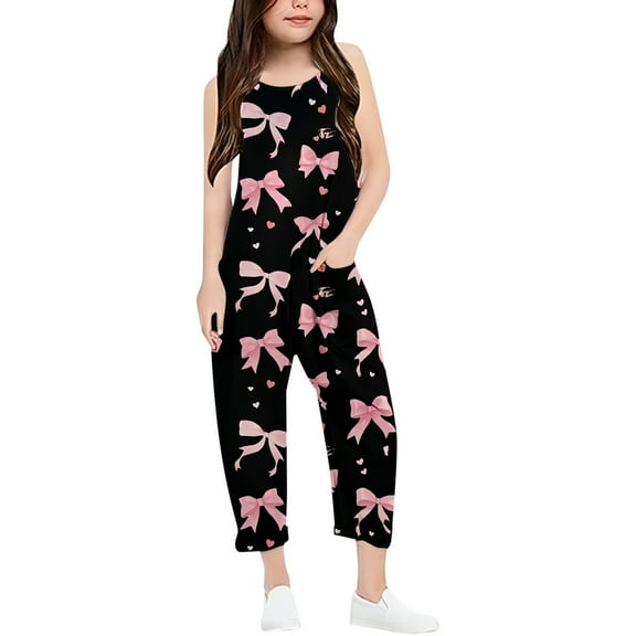 Children's Casual Pant - Stylish Girls Printed V Suspender Romper Loose Fit Casual Jumpsuit with Pocket Spring Summer Outfits for and Daily Wear,Black