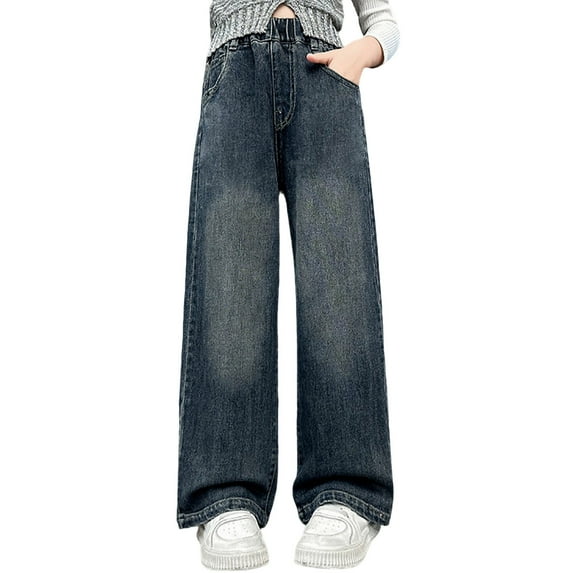 Children's Casual Pant - Stylish Wide Leg Denim Jeans for Girls High Waist Comfort Stretch Band Everyday Casual Wear with Functional Pockets Youth Fashion,Blue