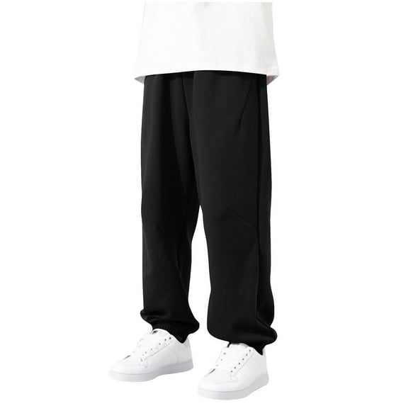Children's Casual Pants Solid Color Waist Drawstring Sports Pant Comfortable Loose Taper Pants with Pockets Black 11 Years