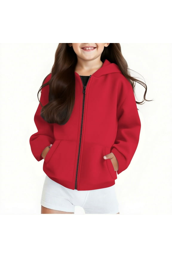 Children's Casual Sweatshirts Long Sleeve Zip Up Hoodie Jacket with Pockets Ribbed Cuffs and Hem Comfortable Hooded Sweatshirt Red 7 Years