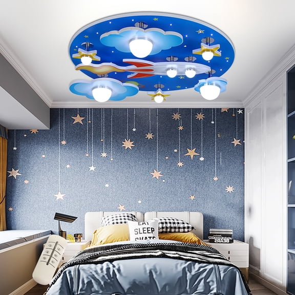 Children's Ceiling Light Dimmable Sky Blue LED Close to Ceiling Light Fixtures Cartoon Ceiling Lampshade E27 Universe Stars Boys and Girls Chandelier for Bedroom, Toy Room,