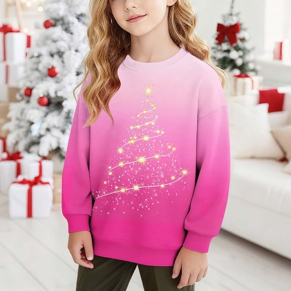 Children's Christmas Crewneck Sweatshirt, Kids Gradient Soft Fleece Long Sleeve Pullover Tops for Holiday Party School Casual Wear 2Y