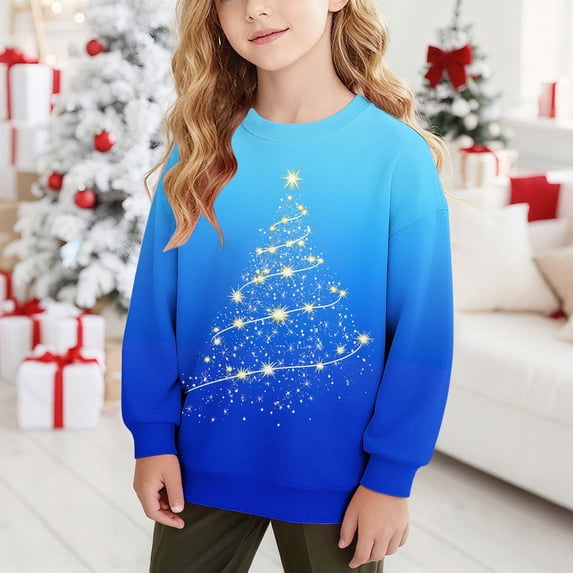 Children's Christmas Crewneck Sweatshirt, Kids Gradient Soft Fleece Long Sleeve Pullover Tops for Holiday Party School Casual Wear Blue 1Y