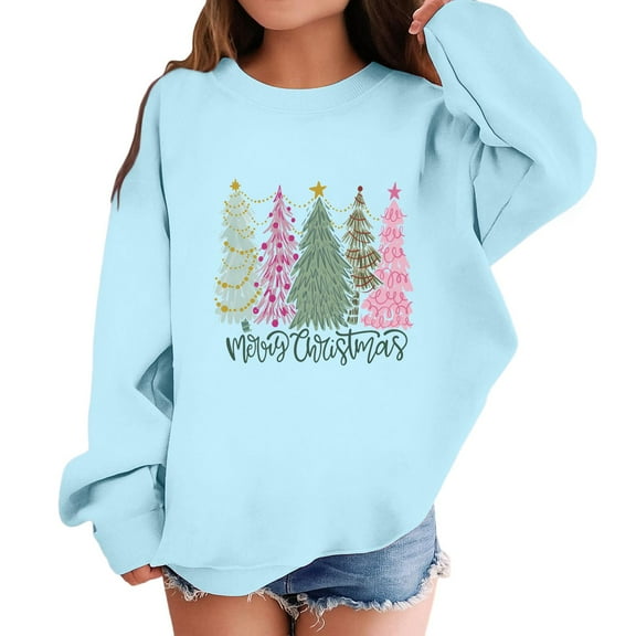 Children's Christmas Tree Graphic Long Sleeve Pullover Casual Loose Fit Sweatshirt Cozy Holiday Top Crew Neck