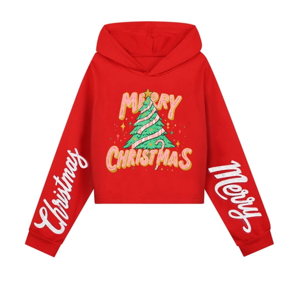 Children's Christmas Tree Print Pullover Hoodie Long Sleeve Casual Hooded Sweatshirt for Holiday Winter Wear
