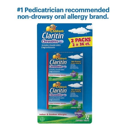 Children's Claritin Chewable 5 mg. 24 Hour Non-Drowsy, 72 Grape Chewable Tablets