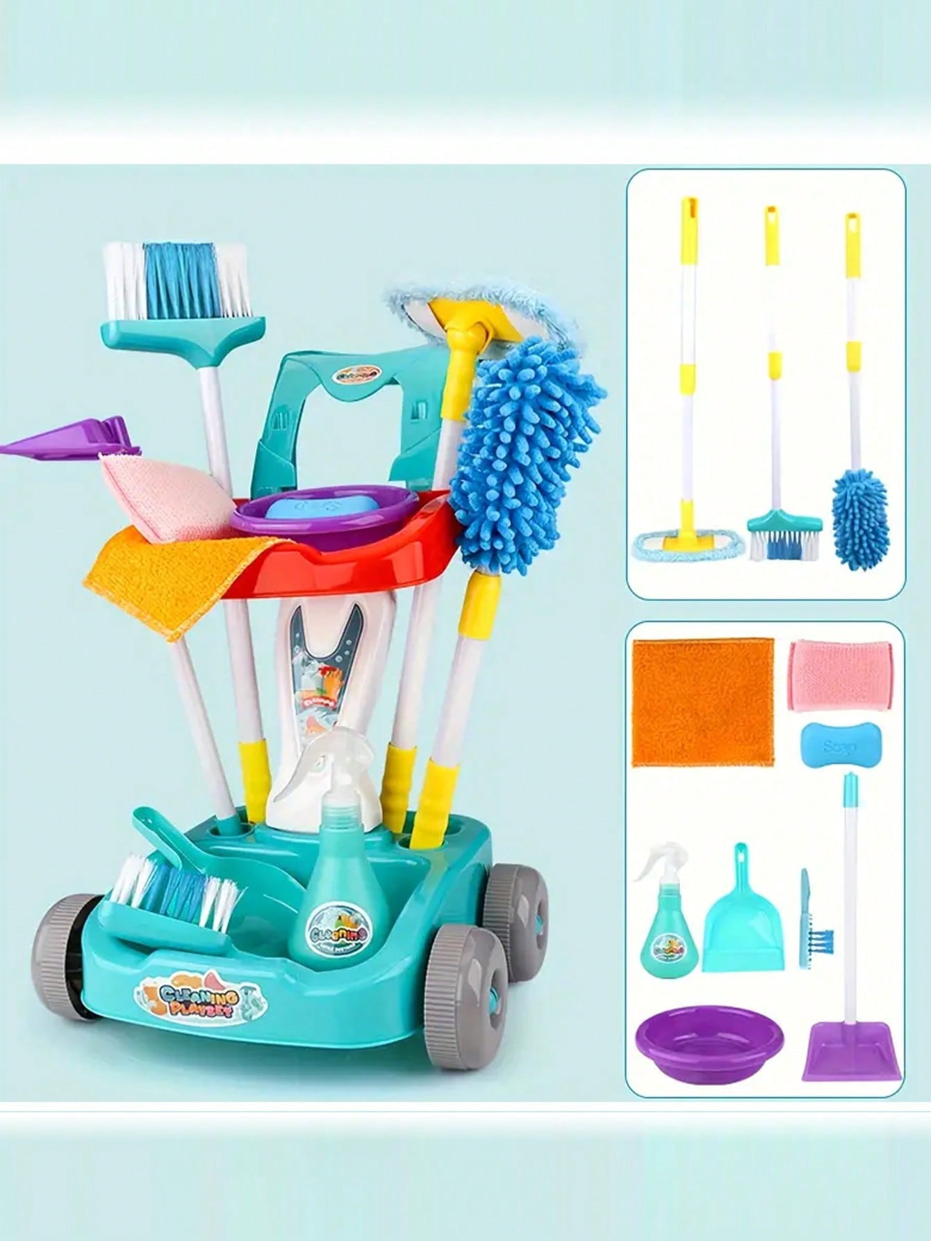Children s Cleaning Trolley Set With Simulation Broom Dustpan Pretend Play Cleaning Tool Kit For Boys And Girls Walmart