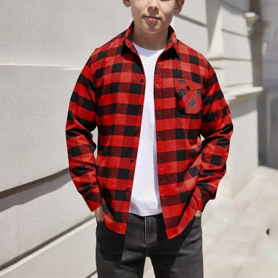 Children's Coat Sweatshirt Button Down Plaid Shirts Casual Long Sleeve Preppy Hoodies Fall Fashion Color Block Hooded Shirt Jackets
