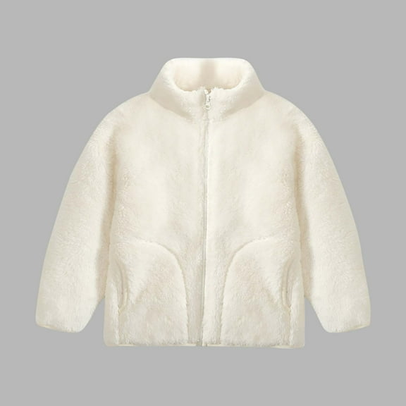 Children's Coat Winter Fuzzy Fleece Jackets Boys Girls Loungewear Warm Stand Collar Outwear Coats with Pockets Beige 3Y