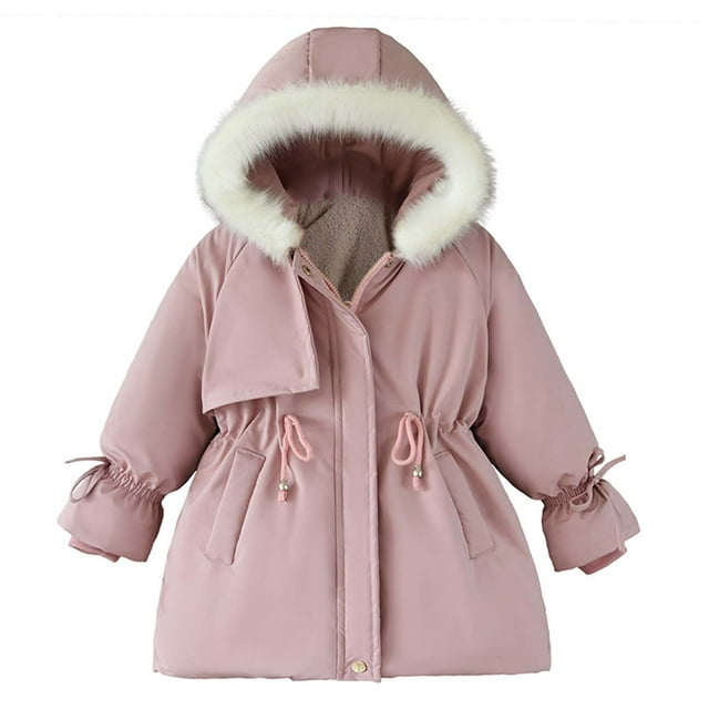 Children's Cotton Coat Girls Winter Slim Fit Warm Coats Puffer Coat Solid Color Thickened Hooded Fashion Casual Windproof Jacket Faux Fur Hood Parka Pocket Overcoat