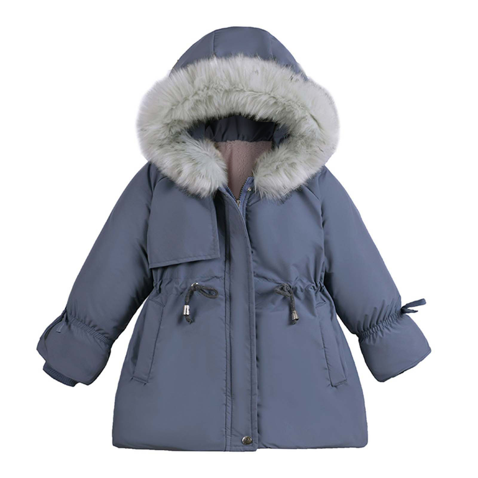 Children's Cotton Coat Girls Winter Slim Fit Warm Coats Puffer Coat Solid Color Thickened Hooded Fashion Casual Windproof Jacket Faux Fur Hood Parka Pocket Overcoat - image 1 of 8