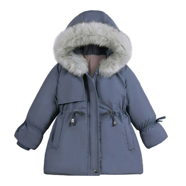 Children's Cotton Coat Girls Winter Slim Fit Warm Coats Puffer Coat Solid Color Thickened Hooded Fashion Casual Windproof Jacket Faux Fur Hood Parka Pocket Overcoat